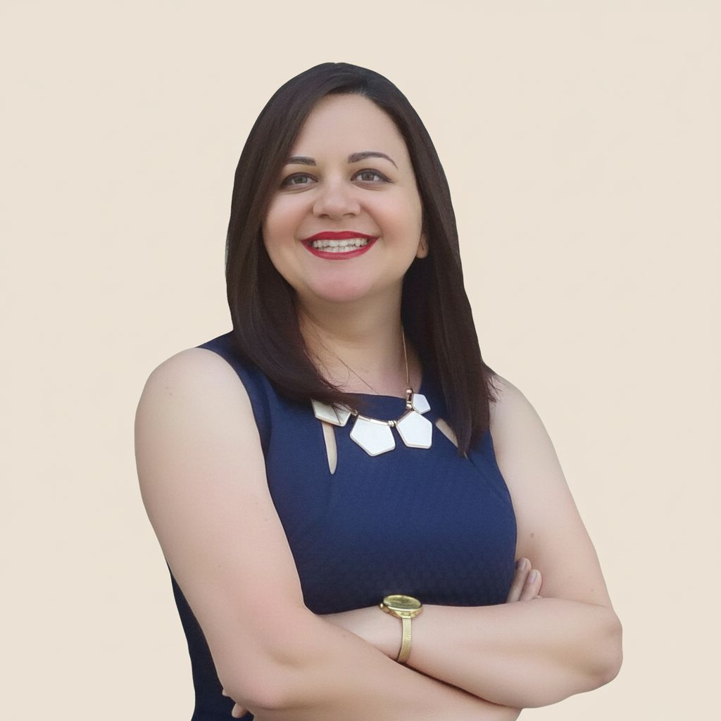 Professional Portrait Of A Smiling Woman In Navy Dress