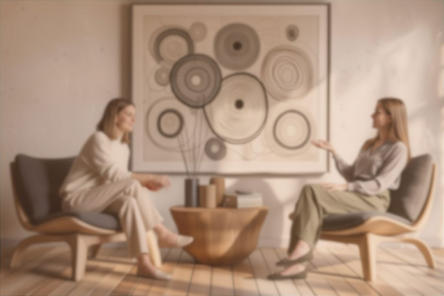 Two Women Engaged In Conversation In Modern Armchairs